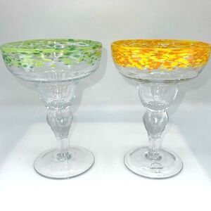 Mexican Hand Blown Glass Set of 2  Margarita Glasses Confetti Green Yellow